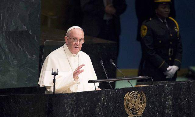 Pope Francis addresses a plenary meeting of the United Nations Sustainable Development Summit 2015 at United Nations headquarters in Manhattan