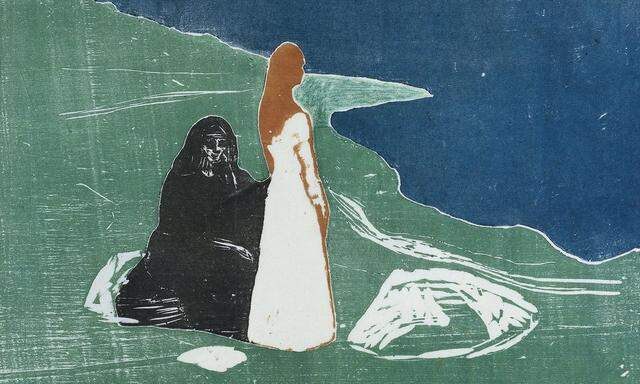 Sie klagte, dass sie allen egal sei, sagte die Großmutter. Edvard Munchs „Frauen am Meeresufer“, Holzschnitt, 1898.