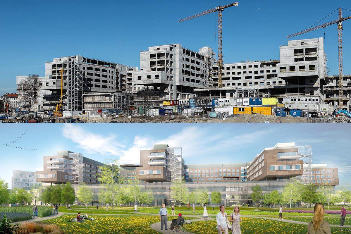 Seit 2010 wird das Großspital in Wien-Floridsdorf errichtet.Bilder: Rohbauarbeiten in den vergangenen Monaten (oben) und eine Animation des fertigen Krankenhauses.