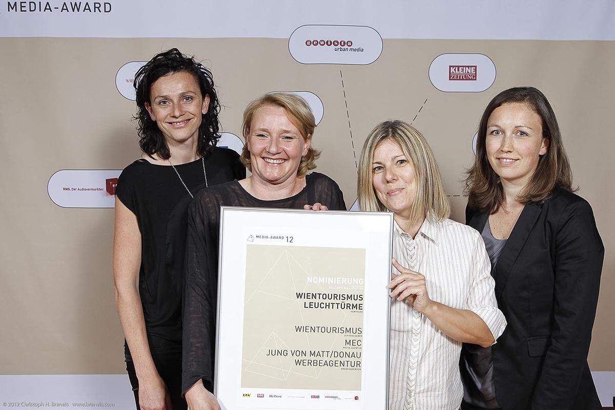 Projekt: WienTourismus LeuchttürmeMedia Award Exzellente Media-Strategie Nominierung: Gerti Gugerell (MEC), Marianne Springinsfeld (Jung von Matt/Donau), Patricia Starcic (Wien Tourismus) und Michaela Schultz (MEC)