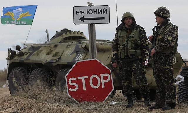 Ukrainische Soldaten bei einem Checkpoint in der Region Kherson nahe der Krim.