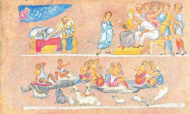Spätantike Handschrift in griechischen Lettern auf purpurgefärbtem Pergament: Die Wiener Genesis ist berühmt für ihren biblischen Buchmalereizyklus.