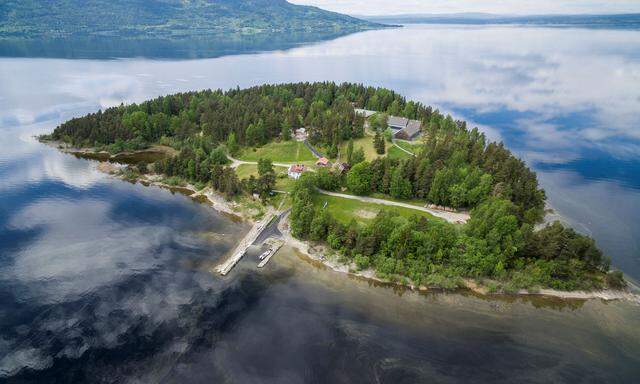 New buildings are seen from aerial view where Breivik killed 69 people during an AUF summer camp on Utoya Island