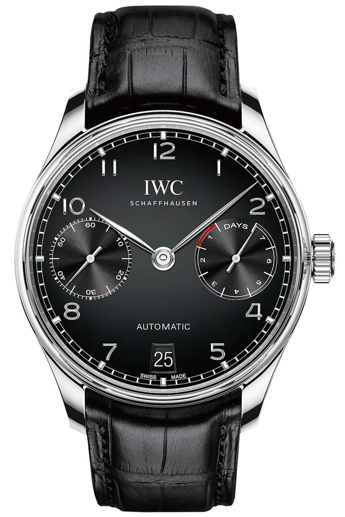 Die schönste, eleganteste Armbanduhr, wenn es ein etwas größeres Exem­plar sein darf. 42,3 mm Stahlgehäuse, IWC-Automatikkaliber mit 168 Stunden Gangreserve. Preis: 12.800 Euro.  