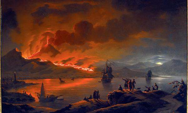 Ein ganzes Literaturgenre, den Pompeji-Roman, hat der Vesuv befördert. Michael Wutky, „Ausbruch des Vesuvs über dem Golf von Neapel“, um 1780.