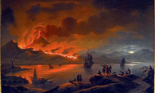 Ein ganzes Literaturgenre, den Pompeji-Roman, hat der Vesuv befördert. Michael Wutky, „Ausbruch des Vesuvs über dem Golf von Neapel“, um 1780.