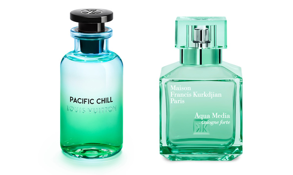 Frischekick. „Aqua Media“ von Maison Francis Kurkdjian, 70 ml Cologne forte um 175 €. „Pacific Chill“ von Louis Vuitton, 100 ml Parfum de Cologne um 260 €. 
