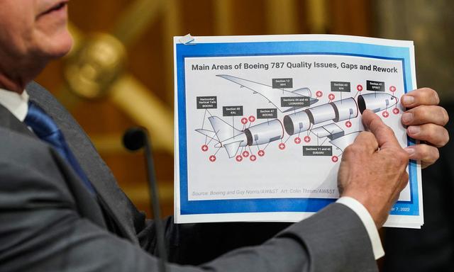 US Senator Roger Marshall zeigt eine Grafik zur Boeing 787 