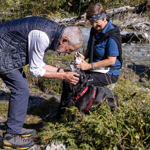 Alexander Van der Bellen mit Ehefrau Doris Schmidauer und Hündin Juli am Weg zur  Verpeilhütte am Montag.