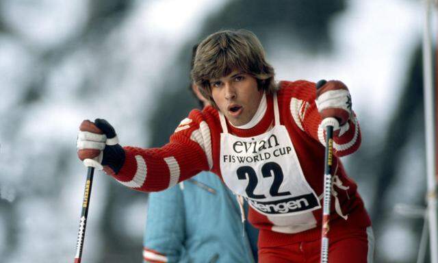 Hansi Hinterseer am Start zum Slalom in Wengen. 1974