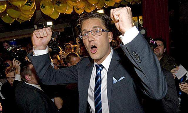 jimmie Akesson, Chef der Schwedendemokraten, jubelt über das Wahlergebnis