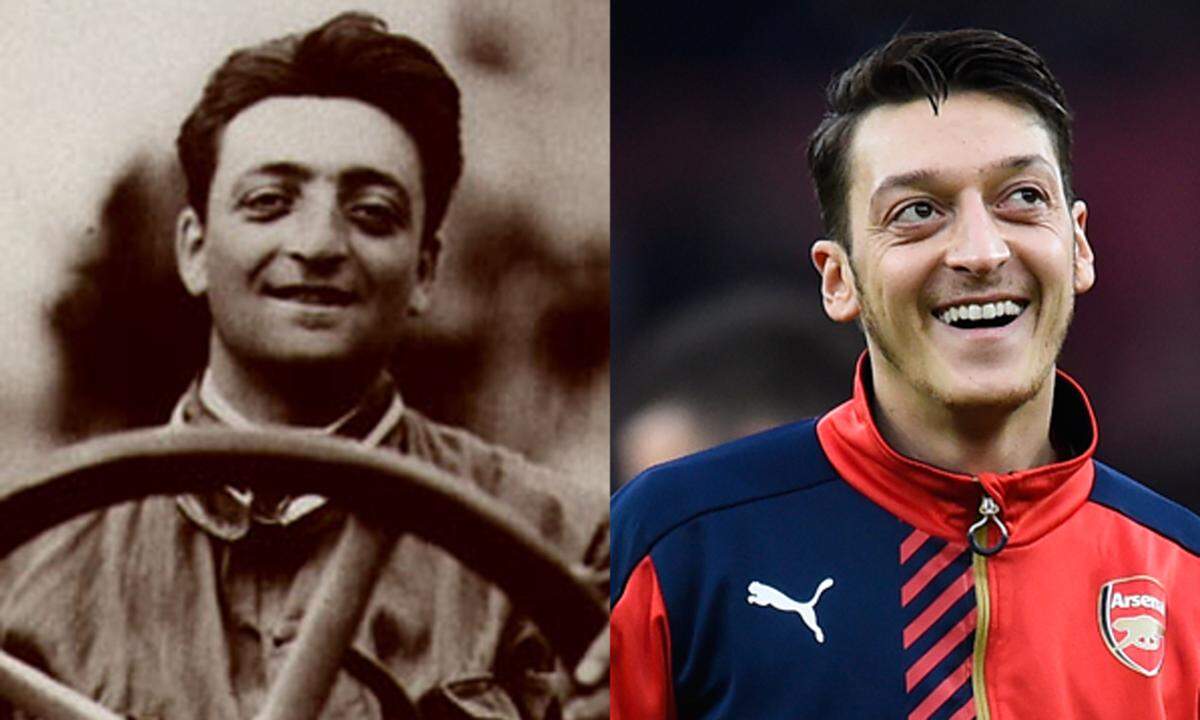 Sport hält ja angeblich jung und gesund, aber unsterblich? Die Ähnlichkeit zwischen der italienischen Rennfahrerlegende Enzo Ferrari (l.) und des deutschen Fußballspielers Mesut Özil (r.) ist schon erstaunlich.