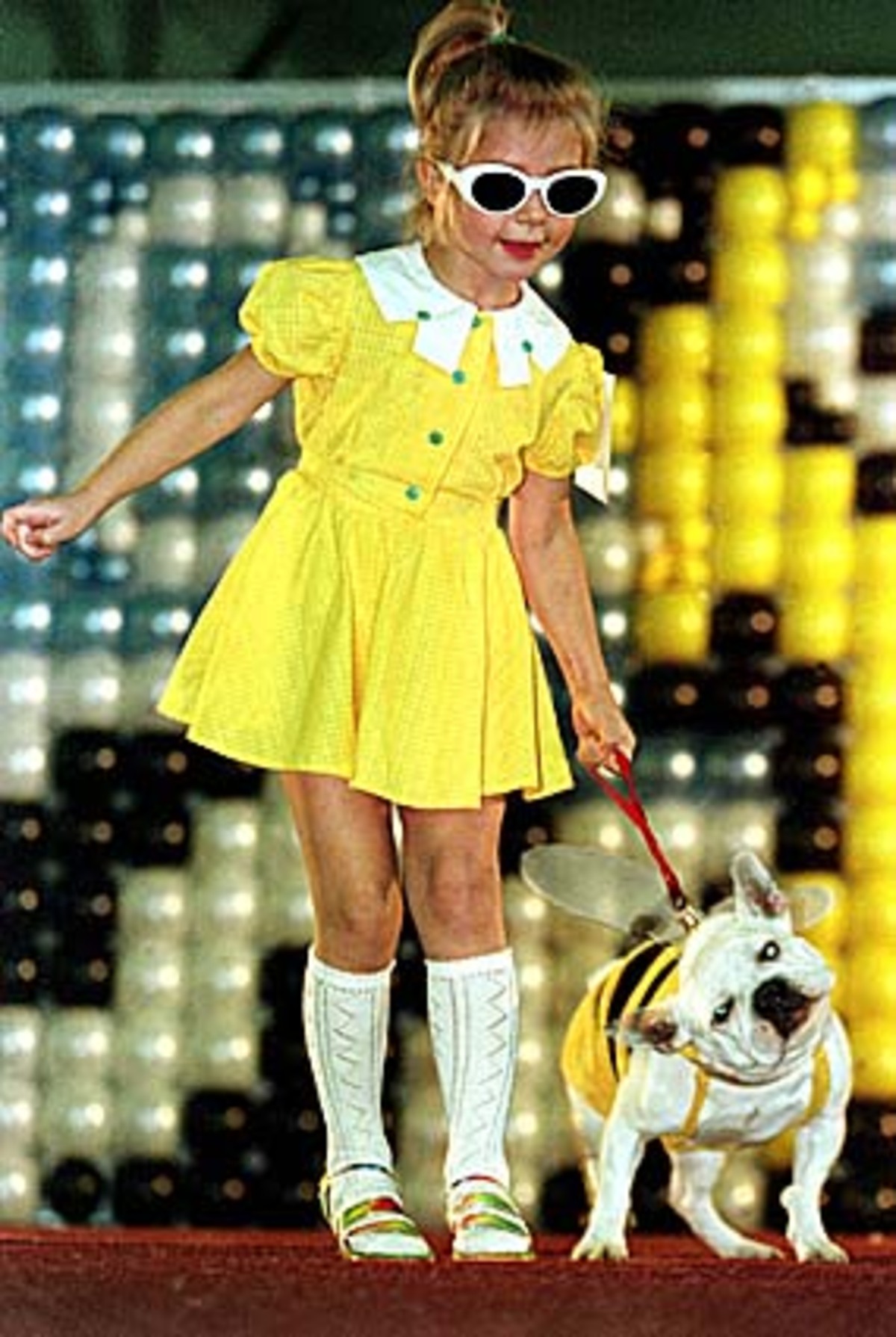 Eine Biene und eine Hummel auf dem Laufsteg einer Hundemodeschau in Moskau.