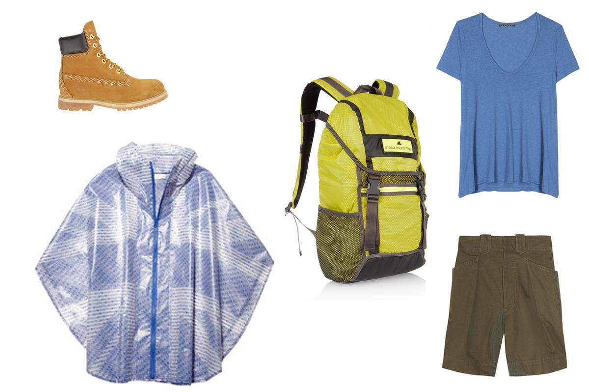 Festes Schuhwerk von Timberland, eine Short von Étoile Isabel Marant und das T-Shirt von Velvet gehören zu den Basics eines jeden Wanderausflugs. In den Rucksack von Adidas by Stella McCartney kann Proviant und der Wetterfleck im Union Jack-Muster von Adidas by Stella McCartney gepackt werden. Das Outfit schützt so vor jedem Wetter.