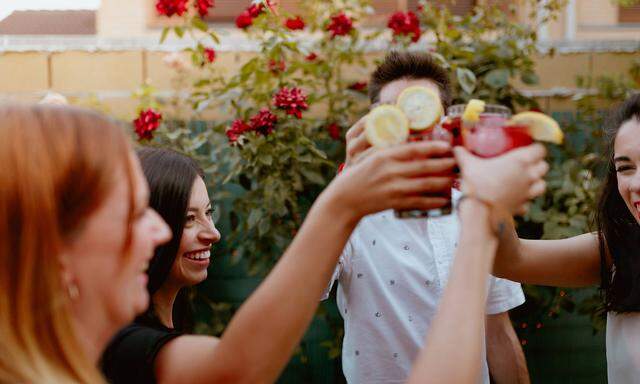 Group of cheerful friends clinking glasses at party Copyright: xElenaxGonzalezx