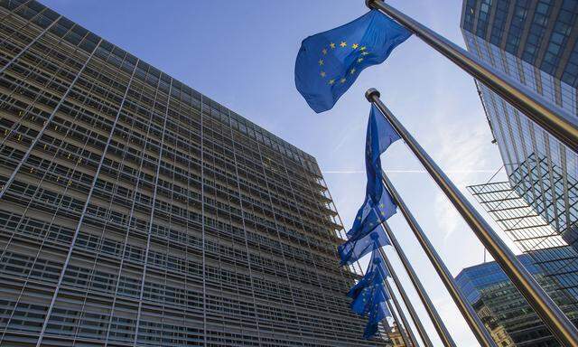 European flags fly at the entrance of the European Commission headquarters in Brussels