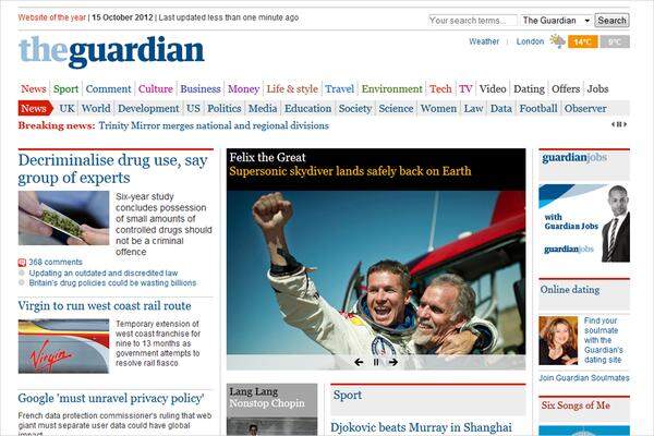 "Felix the Great" titelt der britische "Guardian". Der "supersonic skydiver" (Überschall-Fallschirmspringer) habe drei Rekorde gebrochen: "'Our guardian angel will take care of you,' said mission control, and the man known as Fearless Felix jumped."