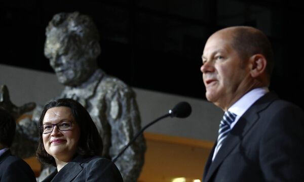 Nahles and Scholz of Social Democratic Party (SPD) make a statement at the party headquarters in Berlin
