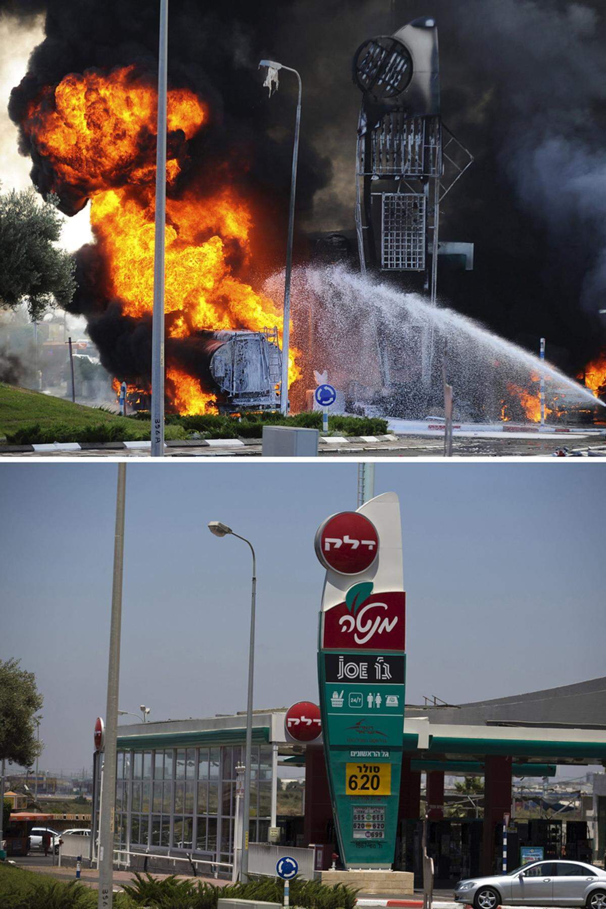 Anders die Situation in Israel, die Raketentreffer der Hamas wurden im vergangenen Jahr rein optisch vergessen gemacht.Im Bild: Ein nach Raketenbeschuss in Flammen stehender Lkw in eine Tankstelle in der südisraelischen Stadt Ashdod am 11. Juli 2014 und der selbe Ort ein Jahr später, am 7. Juli 2015.