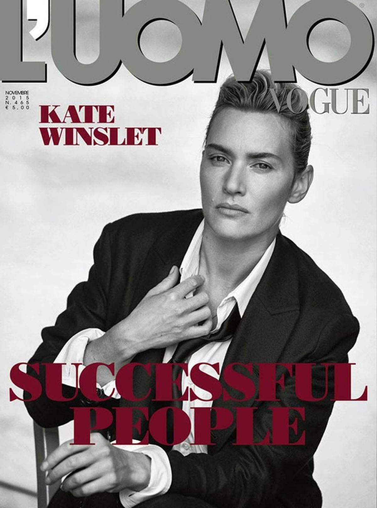 Eine Frau am Cover der italienischen Herren-Modebibel "Vogue L‘Uomo", das kommt nicht oft vor. Kate Winslet bezeugt mit diesem Porträt ihre Wandlungsfähigkeit. In Szene gesetzt hat sie der Fotograf Peter Lindbergh. Androgyn ist momentan nämlich in.