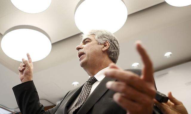 Austrian Finance Minister Schelling talks to journalists after a news conference in Vienna