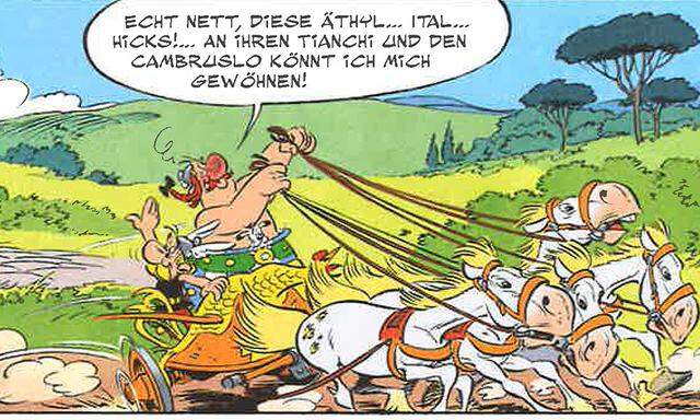 Mal was anderes als immer nur Cervisia: Asterix und Obelix frönen in ihrem neuen Abenteuer, das sie auf ein Wagenrennen durch Italien führt, auch den schweren Rotweinen aus der Toskana.[