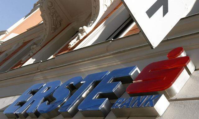 The logo of Austrian Erste Bank is displayed on the wall of a branch office in Vienna