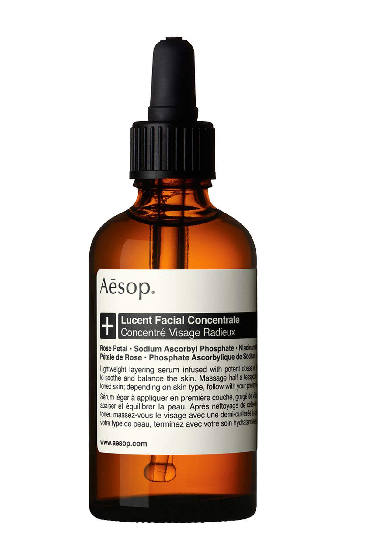 Das vitaminreiche „Lucent Facial Concentrate“-Serum von Aesop mit Rosen- und Weihrauchöl (95 Euro).