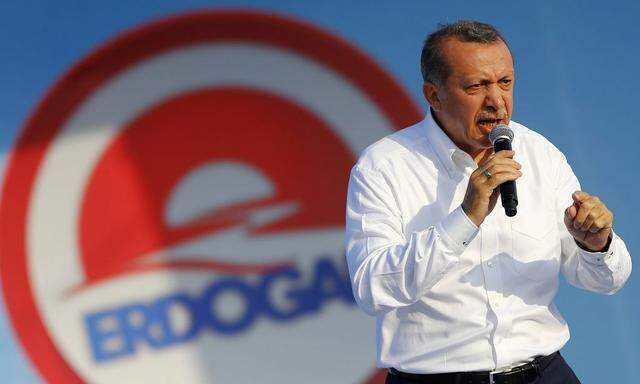 Turkey's Prime Minister and presidential candidate Erdogan addresses his supporters during an election rally in Istanbul