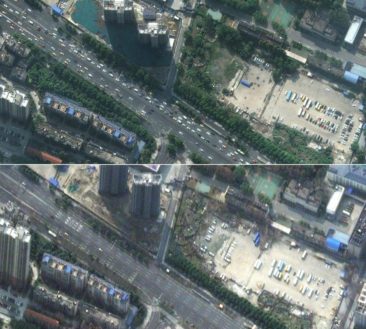 Ein Vergleich einer Hauptverkehrsstraße in der chinesischen Stadt Wuhan. Oben der normale Straßenverkher, unten nach Eintreten der Quarantäne-Phase.