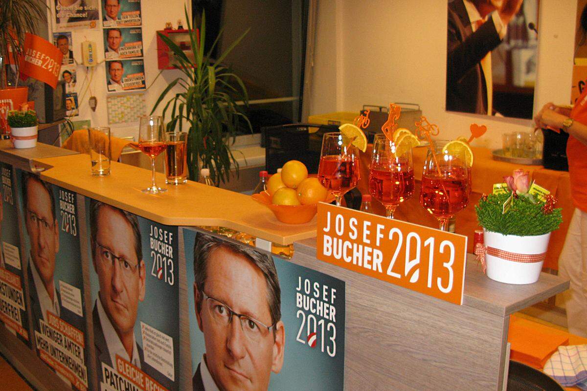 Die Aperolspritzer stehen auch noch am Schluss unberührt an der Bar. Zur "Wahlparty" in eine Cocktailbar in die Josefstadt kommt kaum jemand. Bucher hat sich lieber auf den Weg in die Heimat Kärnten gemacht.