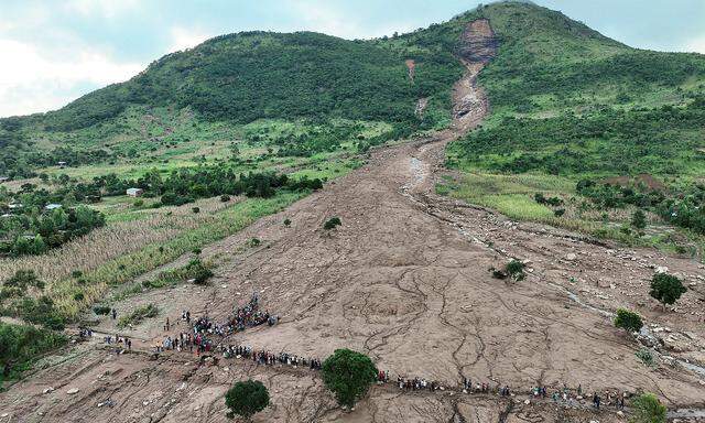 Eine Drohnenaufnahme eines Erdrutsches, der das Dorf Mtauchira in Malawi schwer traf.