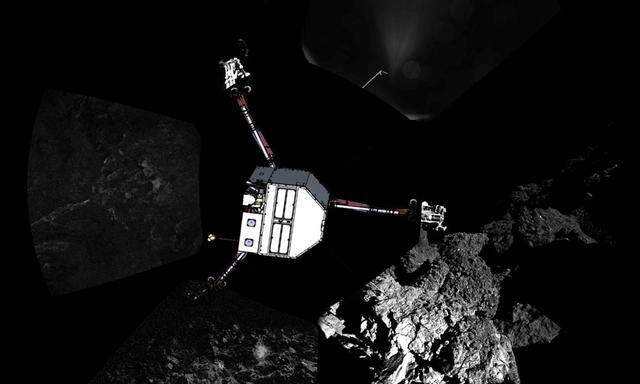 ESA handout image shows a panoramic image of the surface of Comet 67P/Churyumov�Gerasimenko with a sketch of the lander in the configuration the lander team currently believe it is in superimposed on top