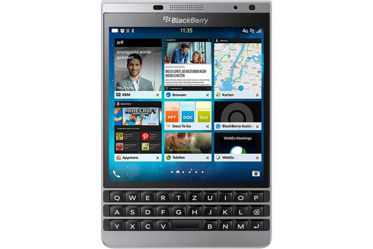 Das BlackBerry Passport war ein ungewöhnliches Smartphone, da es quadratisch war. Das erste Mal kombinierte BlackBerry eine physische Tastatur mit einer Touch-Einheit.