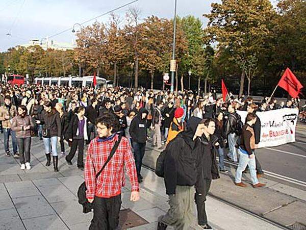 Den Sprüchen der Demonstranten nach ging es ihnen vor allem um den freien Unizugang: "Wir sind hier und wir sind laut, weil man uns die Bildung klaut."