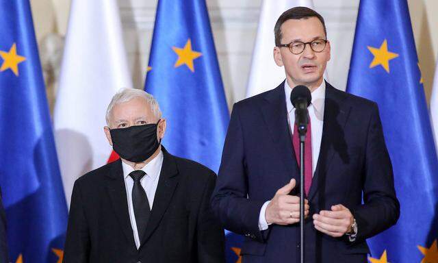 Polish Prime Minister Mateusz Morawiecki holds a press conference on the government reconstruction Jaroslaw Kaczynski,