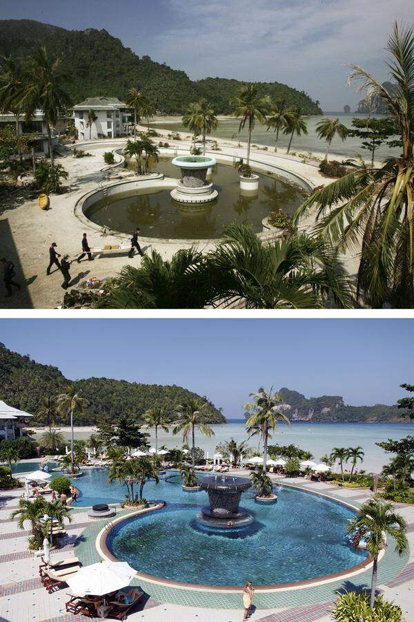 Ein Hotel auf den Phi Phi Inseln (Thailand) am 2. Jänner 2005 und am 11. Dezember 2009.