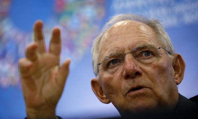Germany's Finance Minister Schaeuble talks at a news conference at the 2015 IMF/World Bank Annual Meetings in Lima, Peru