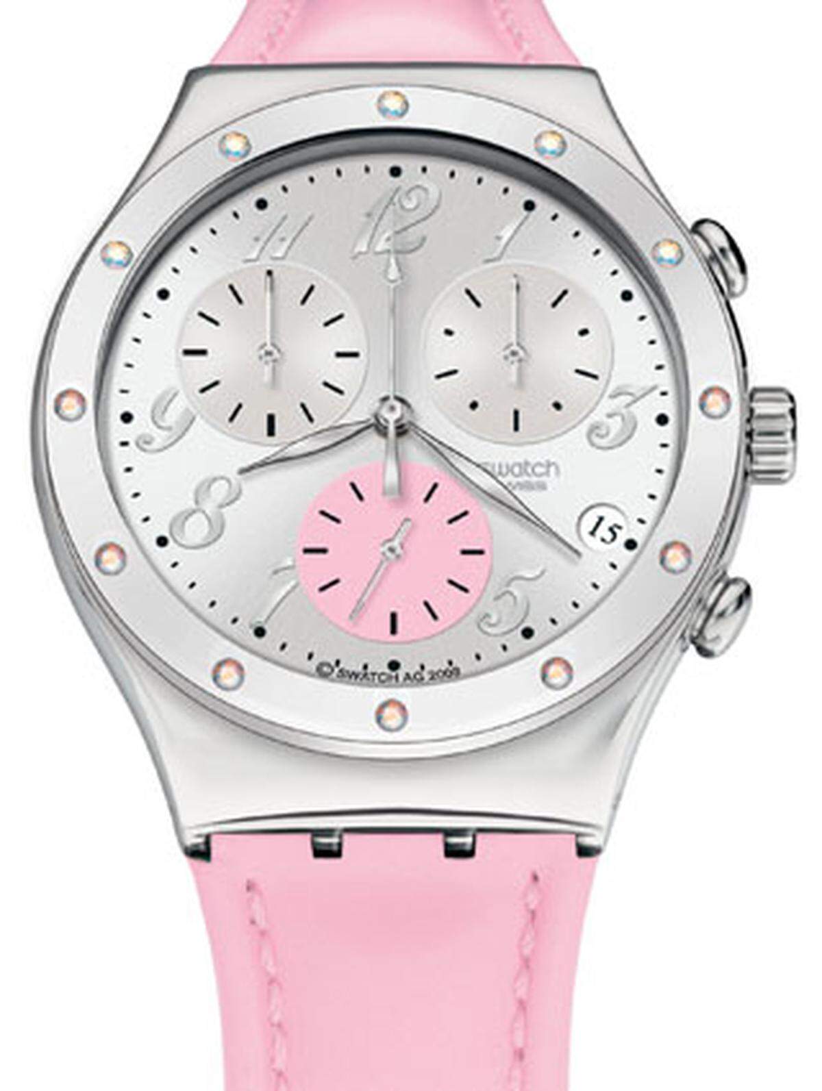 Der Irony Chrono "Time in Rose" setzt ganz auf die Farbe Rosa. Das rosa Lederband mit rosa Naht greift die Farbe des Hilfszifferblattes mit der kleinen ­Sekunde auf. Die Lünette ist mit zwölf weißen Aurora-Borealis-Kristallen geschmückt. 110 Euro