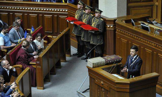 May 20 2019 Kiev Ukraine New Ukrainian president Volodymyr Zelensky seen speaking during his i