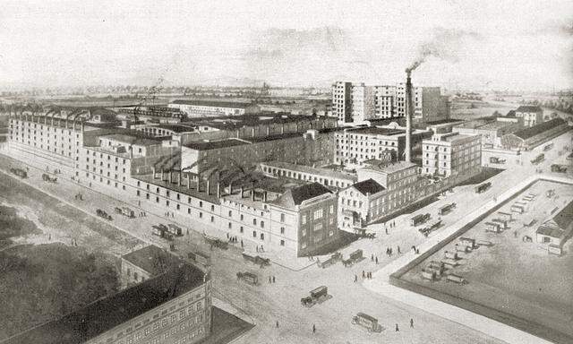 Die Fabrik: Das Gelände wuchs in den ersten Jahren ständig (Zeichnung um 1920). 
