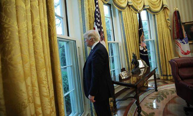 Donald Trump blickt aus dem Fenster im Oval Office.