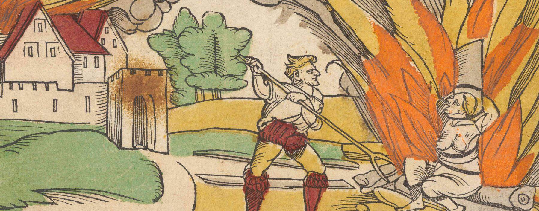 Auscchnitt aus einem Flugblatt von Erhard Schön aus dem Jahr 1533 zeigt die Verbrennung einer „Hexe“ (der „Unhulden“) in Schiltach, einem Städtchen im Schwarzwald.