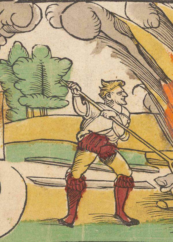 Auscchnitt aus einem Flugblatt von Erhard Schön aus dem Jahr 1533 zeigt die Verbrennung einer „Hexe“ (der „Unhulden“) in Schiltach, einem Städtchen im Schwarzwald.