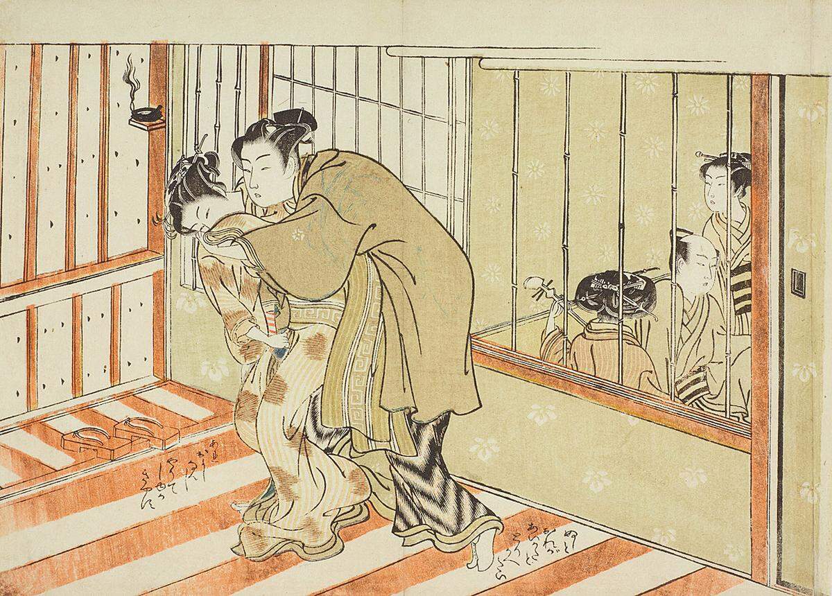Ab Mitte des 17. Jahrhunderts fanden sie dank der neuen Drucktechnik rasende Verbreitung in Japan. Isoda Koryūsai (1735–1790, zugeschrieben), Liebespaar im Korridor, um 1772–1774. Farbholzschnitt