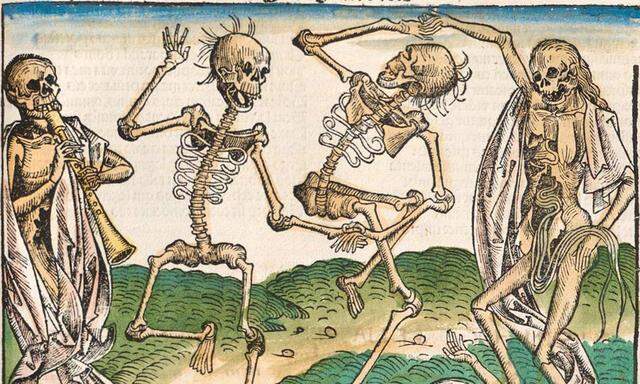 Schrecken und Albtraum der Lebenden: „Tanz der Gerippe“, dargestellt im Holzschnitt von Michael Wolgemut in Hartmann Schedels Weltchronik von 1493.