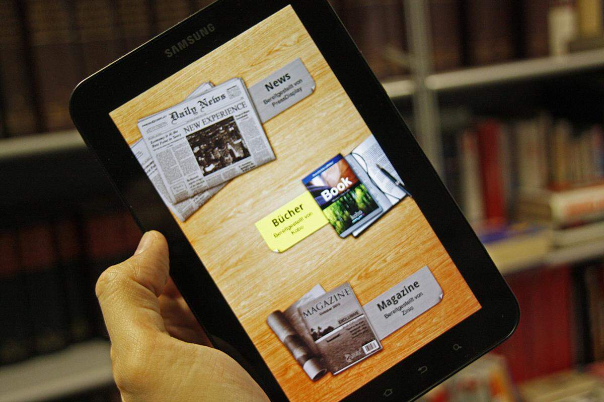 Samsung hat sich für das Galaxy Tab ein paar spezielle Apps einfallen lassen. Wobei die Idee einer E-Book-Anwendung per se nicht mehr allzu neu ist. Im Readers Hub können Zeitungen und Bücher gebündelt werden.