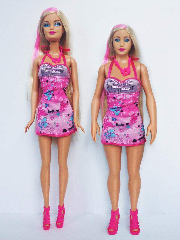 Der Vergleich mit den Maßen einer durchschnittlichen 19-jährigen US-Amerikanerin macht die unrealistischen Proportionen der Barbie-Puppe sehr deutlich.