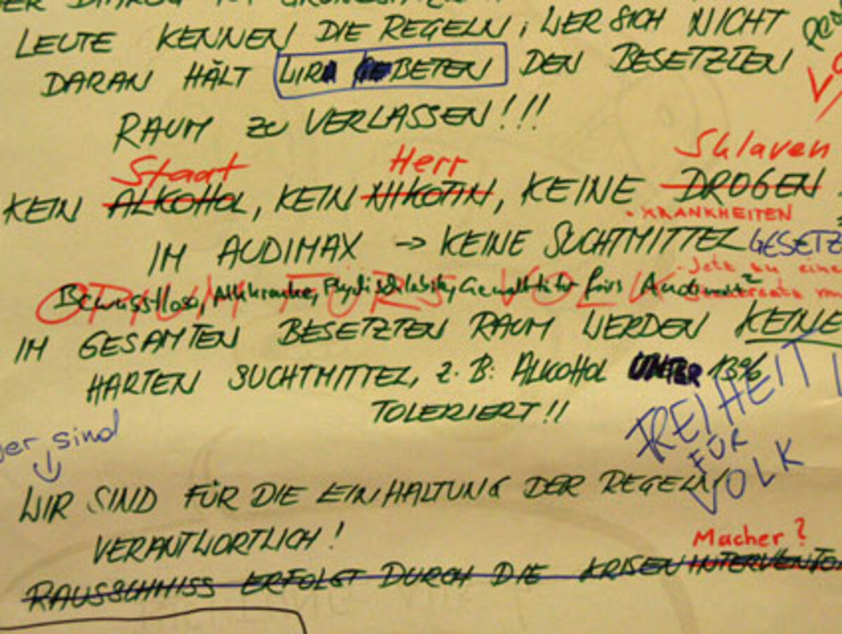 Im größten Hörsaal der Uni Wien versuchen die Studenten, Regeln durchzusetzen. Doch wie das Plakat zeigt, gibt es auch Gegner des Alkohol- und Zigarettenverbots. Die Galerie haben die Besetzer mit Hilfe des Sicherheitsdienstes gesperrt - und vorher noch geputzt, wie betont wird.