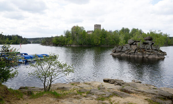 Blick vom Ufer des Ottensteiner Stausees auf die Ruine Lichtenfels.